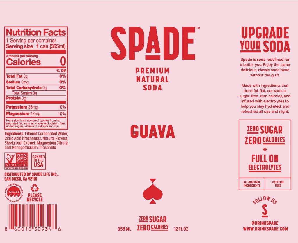 Spade Guava Soda - Premium All-Natural, 0 Sugar, 0 Calorie, Electrolyte, Healthy Non GMO