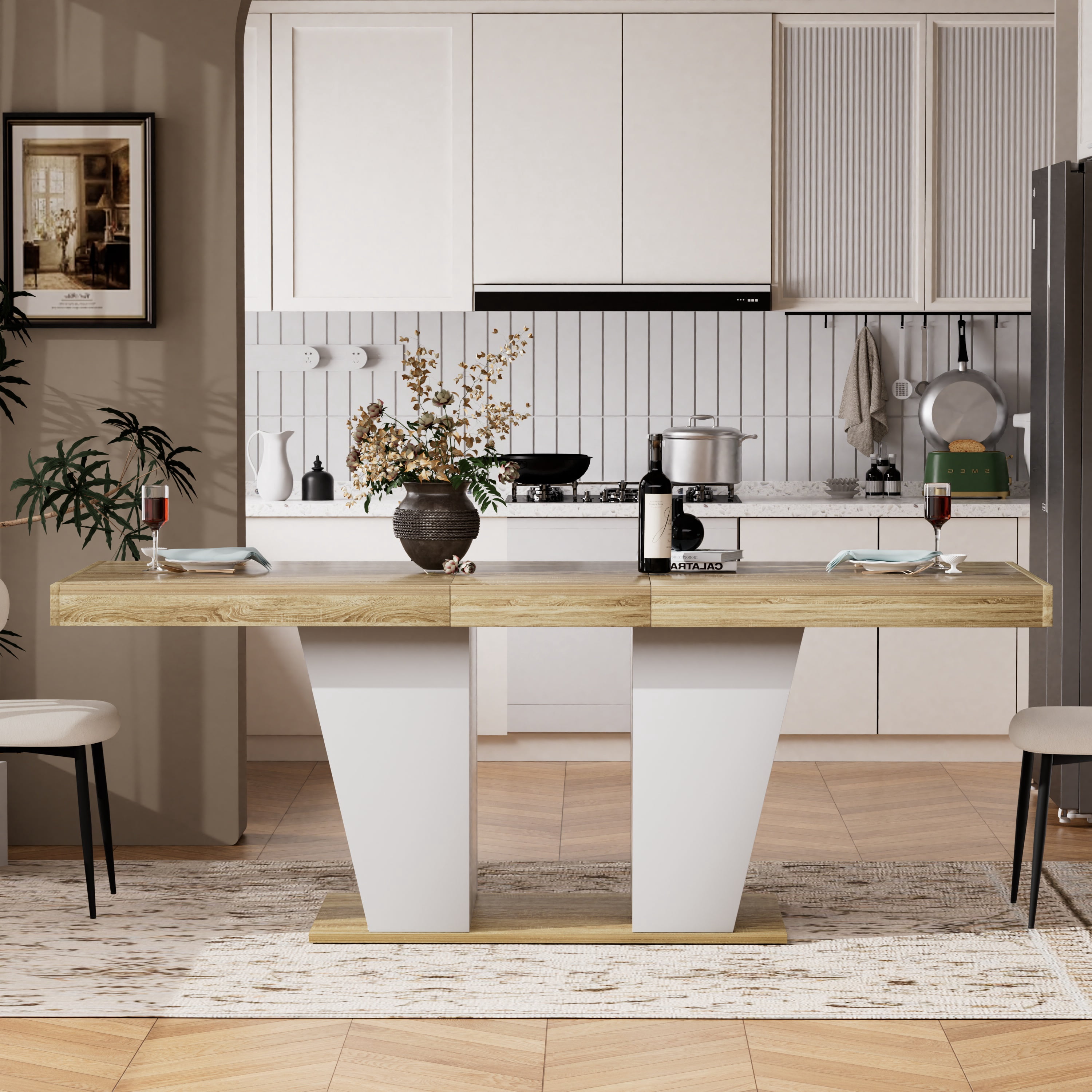 78.7" Rustic-Style Extendable Dining Table, Seats 8–10 People, Dining Table With Storage Shelves On Both Sides, Mid-Century Modern-Style Extendable Wooden Kitchen Table, Natural+White
