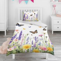 Butterfly and Pioneer Flower Duvet Cover and Pillowcase Set for Single Bedding, Bedroom Accessories for Kids Teens