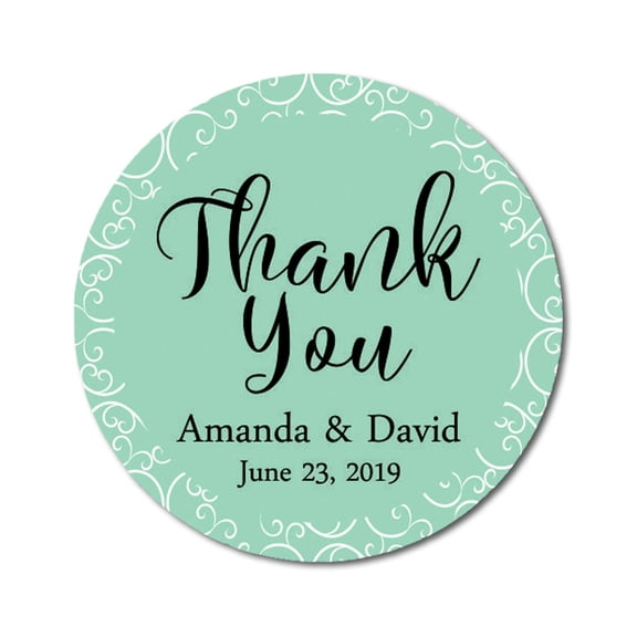 Darling Souvenir Personalized Bride Groom Names And Date Envelope Seals Round 45 Pcs Swirl Border Thank You Stickers-Mint Green