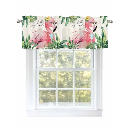 Summer Pink Flamingos Valances for Windows Rod Pocket Kitchen Valance Curtains - Soft & Washable Small Window Treatment for Living Room Bathroom Watercolor Palm Leaf 42x12 Inch 1 Panel
