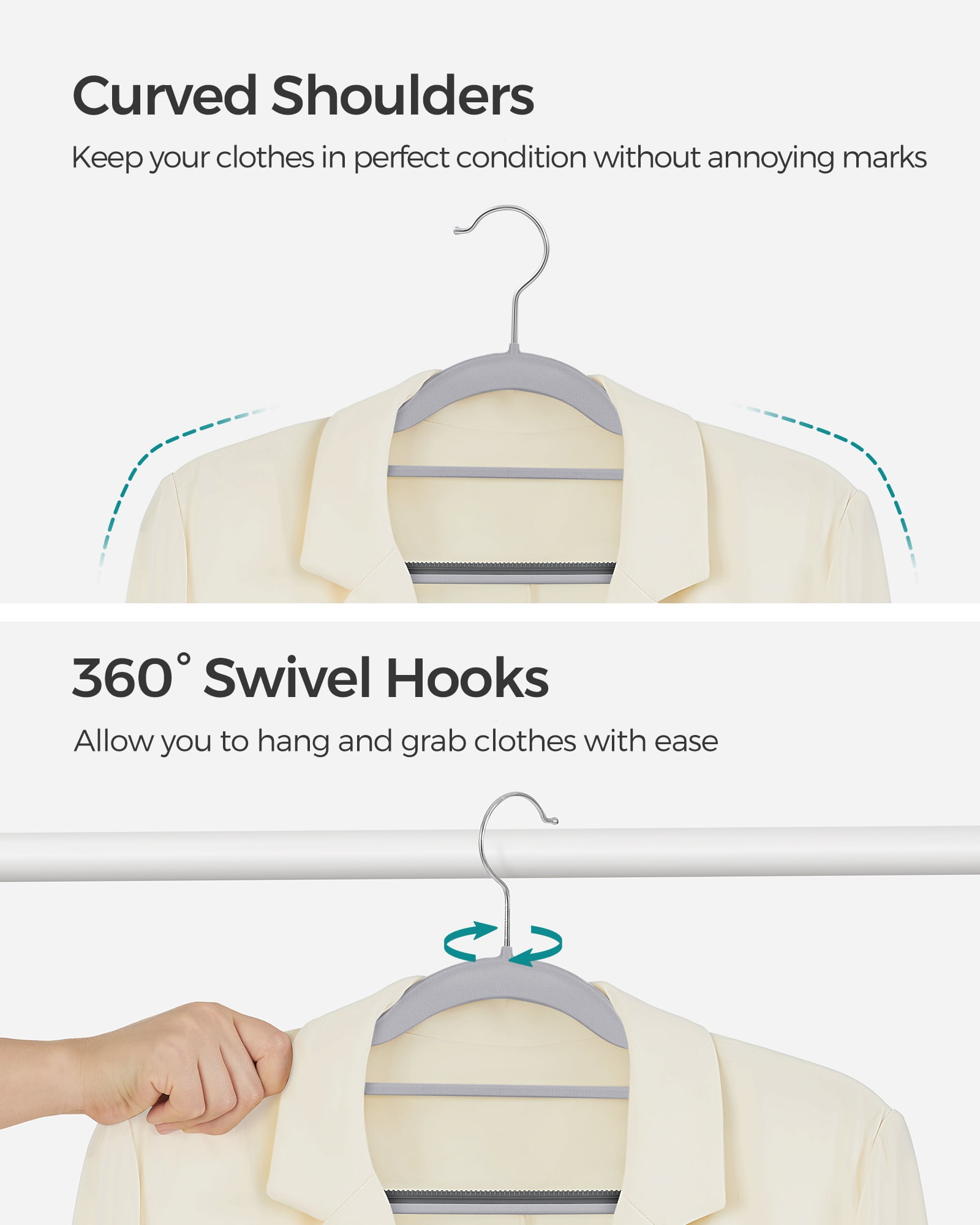 SONGMICS Pack of 60 Coat Hangers,Plastic Clothes Hangers, Non-Slip, 0.2 Inches, 16.5 Inches Wide, 360° Swivel Silver Hook, Light and Dark Gray