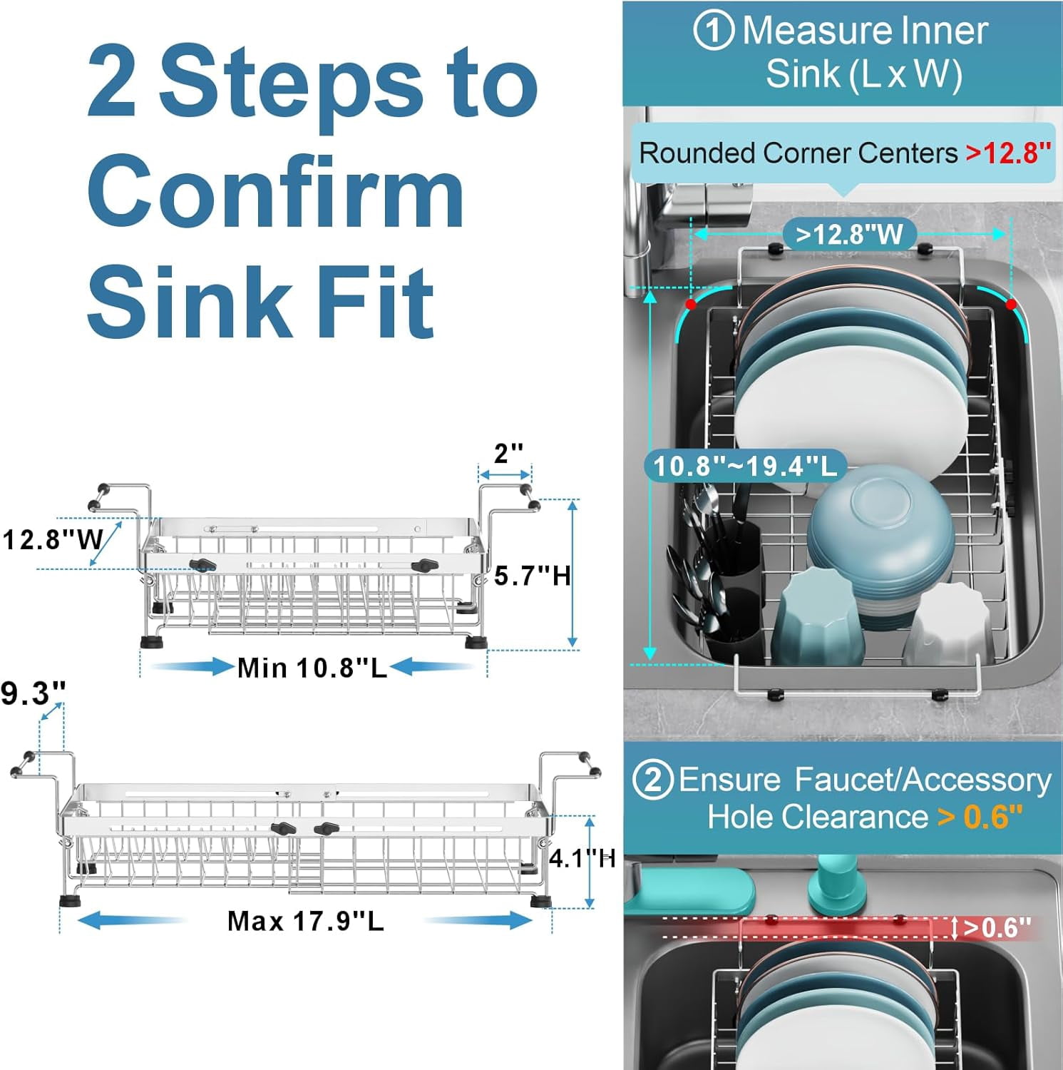 Expandable Over The Sink Dish Drying Rack - Stainless Steel Heavy Duty in Sink Dish Drainer with Square Corners, Rust Resistant with Lock Knob, Fit for Modern Single & Double Sinks, Black