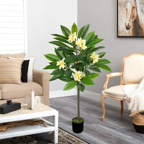 Artificial Plants Indoor 4.17ft Fake Tropical Plumeria Flowers Tree in Black Pot Hawaiian Yellow Plumeria Faux Frangipani Tree Potted Floor Plant for Home Office Wedding Decor