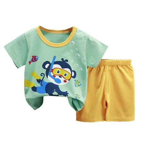 larppty Infant Baby Boys Summer Color Block Clothes Sets Outfits Short T Shirt Elastic Shorts Set Toddler Clothes(Green 18-24 Months)