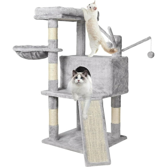 38 Inch Cat Tree, Cat Tower Condo, Cat House Furniture with Hammock and a Large Sisal Scratching Board, Grey