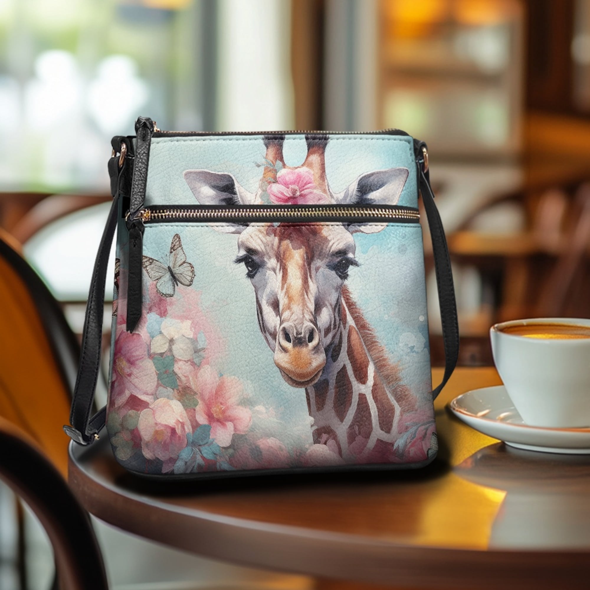Kuiaobaty Giraffe Flower Butterfly Print Crossbody Bag for Women, Casual Lightweight Vegan Leather Crossbody Handbag, Multi Pocket Shoulder Purse with Adjustable Strap for Travel & Work