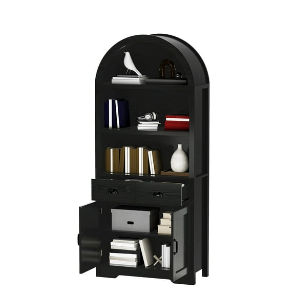ModFusion Arched Black Bookcase with Adjustable Shelves, Drawers, and Cabinet Storage