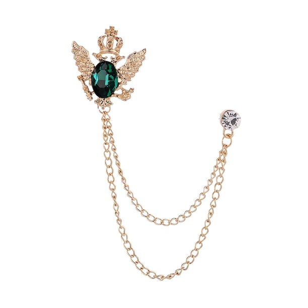 Broche de traje con cadena, broche de solapa para hombre, insignia de joyería de moda, broche de águila Oro y verde