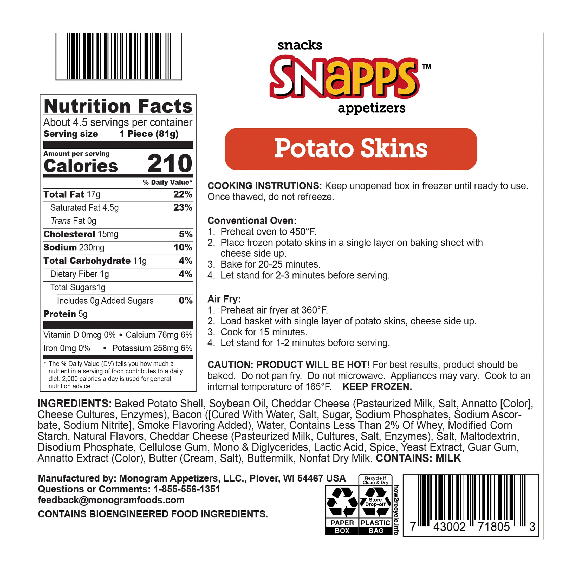 Snapps Frozen Potato Skins with Cheddar Cheese and Bacon, 13.5 oz Cardboard Box