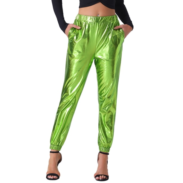 Pantalones metálicos holográficos brillantes de cintura alta para fiesta INSPIRE CHIC para mujeres M Verde Brillante