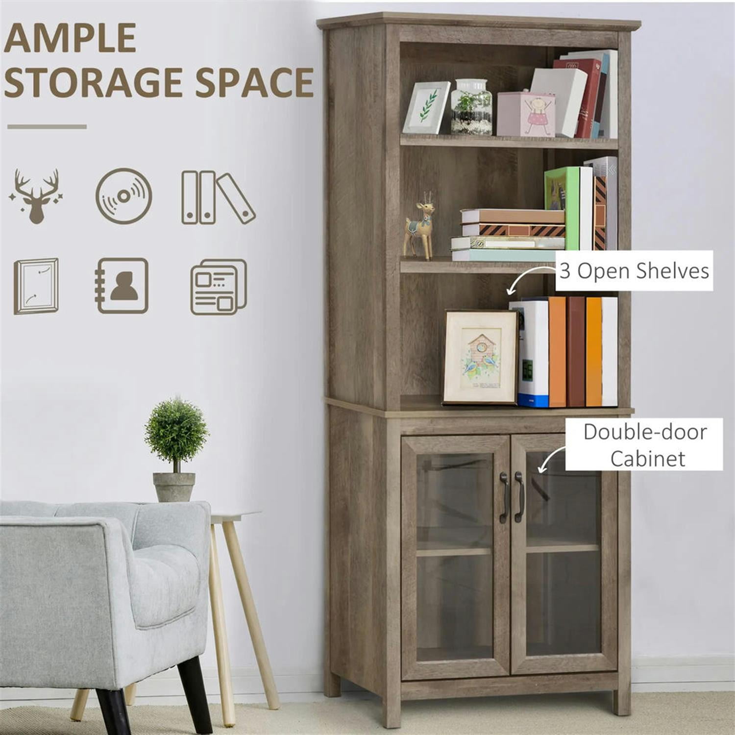 Demi Bonn 71" Tall Bathroom Storage Cabinet, Freestanding Cabinet with Glass Doors and Adjustable Shelves for Living Room, Kitchen, Dining Room, Office, Brown