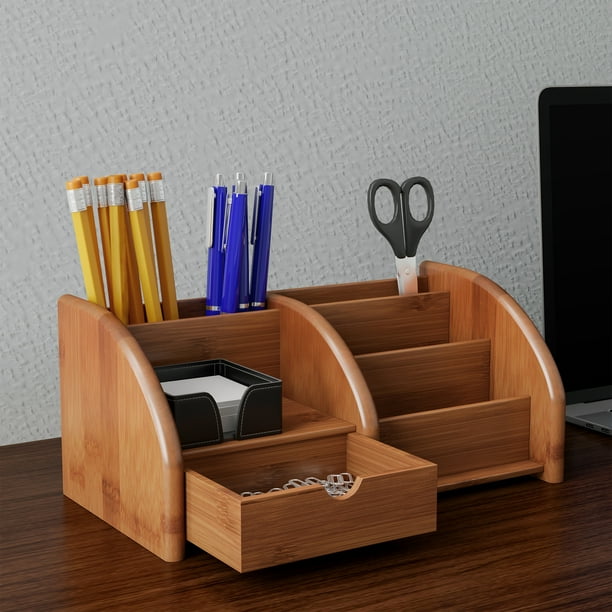 5 Compartment Bamboo Desk Organizer - Wooden Office Supply Storage