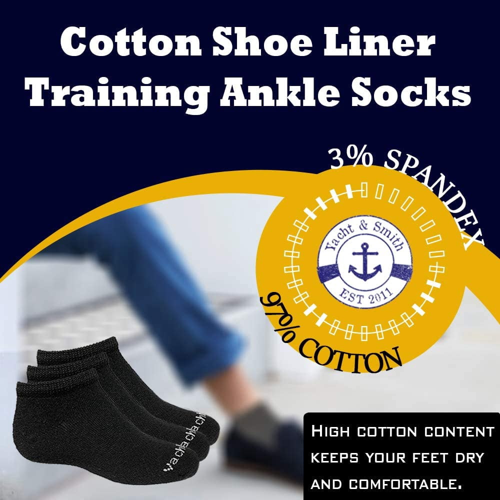 Yacht & Smith Wholesale Boys and Girls 97% Cotton Shoe Liner Training Socks Size 6-8, No Show Thin Low Cut Sport Ankle Socks (Black, 12)