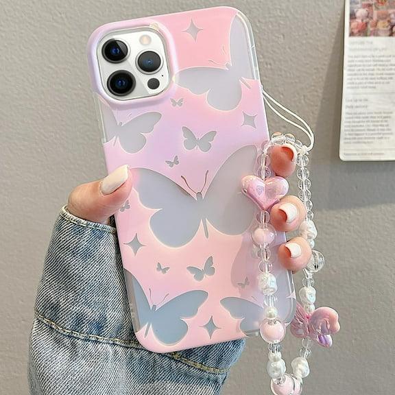 Compatible with iPhone 14 Pro Max Cute Case Butterfly Pattern Wristband Bead Chain Laser Bling Clear Unique Shockproof Protection Cover for Women Girls