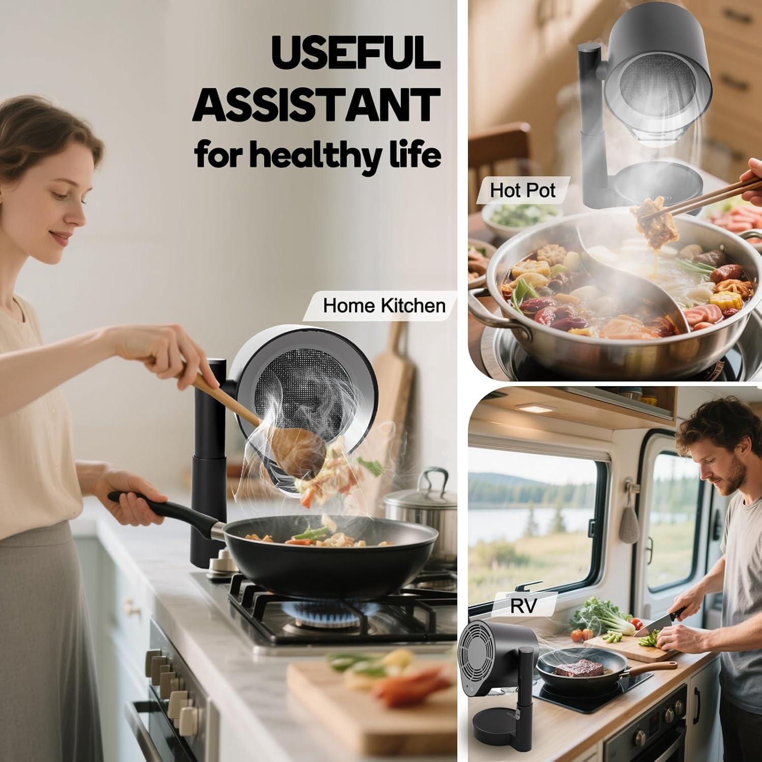 Portable Range Hood, Portable Kitchen Exhaust Fan with 3 Speeds for Indoor BBQ/Hot Pot/RV, Desktop Range Hood with Telescoping Height, Low Noise, Large-Caliber Aluminum Filter &Oil Cup
