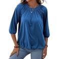 thumbnail image 3 of Women'S Solid Crew Neck T Shirt Blouse Cotton Half Sleeve 3/4 Sleeve Casual Loose Pleated Basic Tops Blue L, 3 of 7