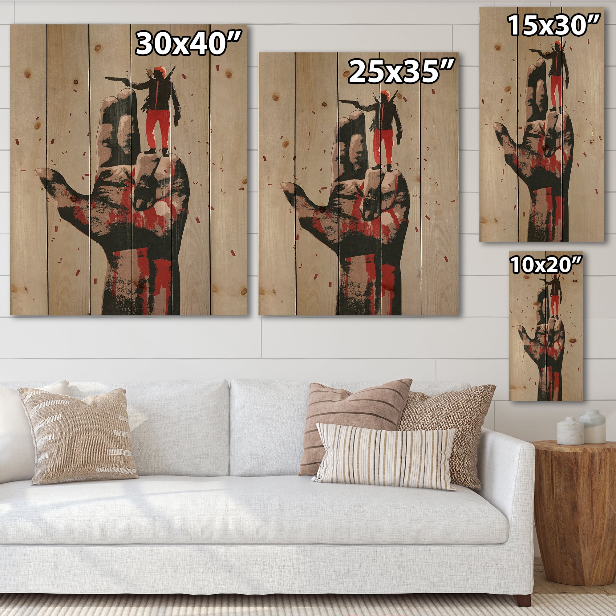 Designart 'Gun Hand Sign With Man Shooting Gun' Modern Print on Natural Pine Wood