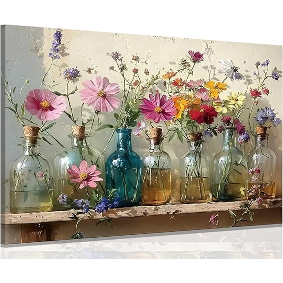 Retro Farmhouse Wildflowers Canvas Wall Art with Colorful Glass Bottles Design Framed Artwork Prints Wall Decor for Living Room Bedroom Bathroom Home Decoration