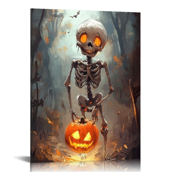 Vintage Halloween skeleton and Pumpkin Canvas Wall Art Painting,Gothic Print Pictures for Home Wall Decor Horror Creepy Dark Posters for Living Room Home Halloween Party Decor Framed