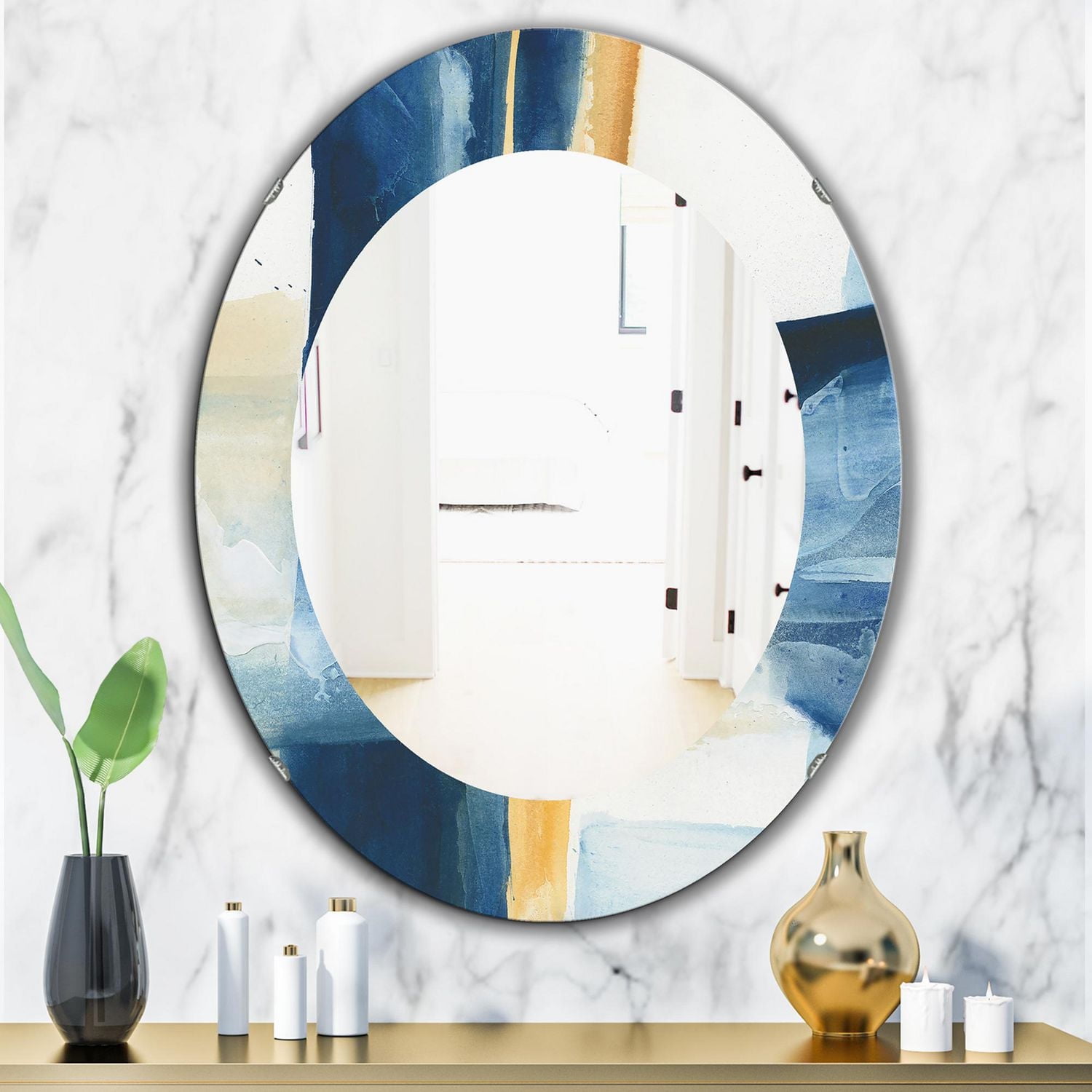 Designart 'Indigo Panel IV' Modern Mirror - Oval or Round Wall Mirror - 24x36
