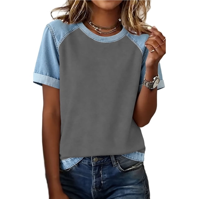 Camisetas de Manga Larga de Verano para Mujeres de Cuello Redondo de Manga Corta de Color Sólido, Camisetas de Manga Corta de Verano para Mujeres