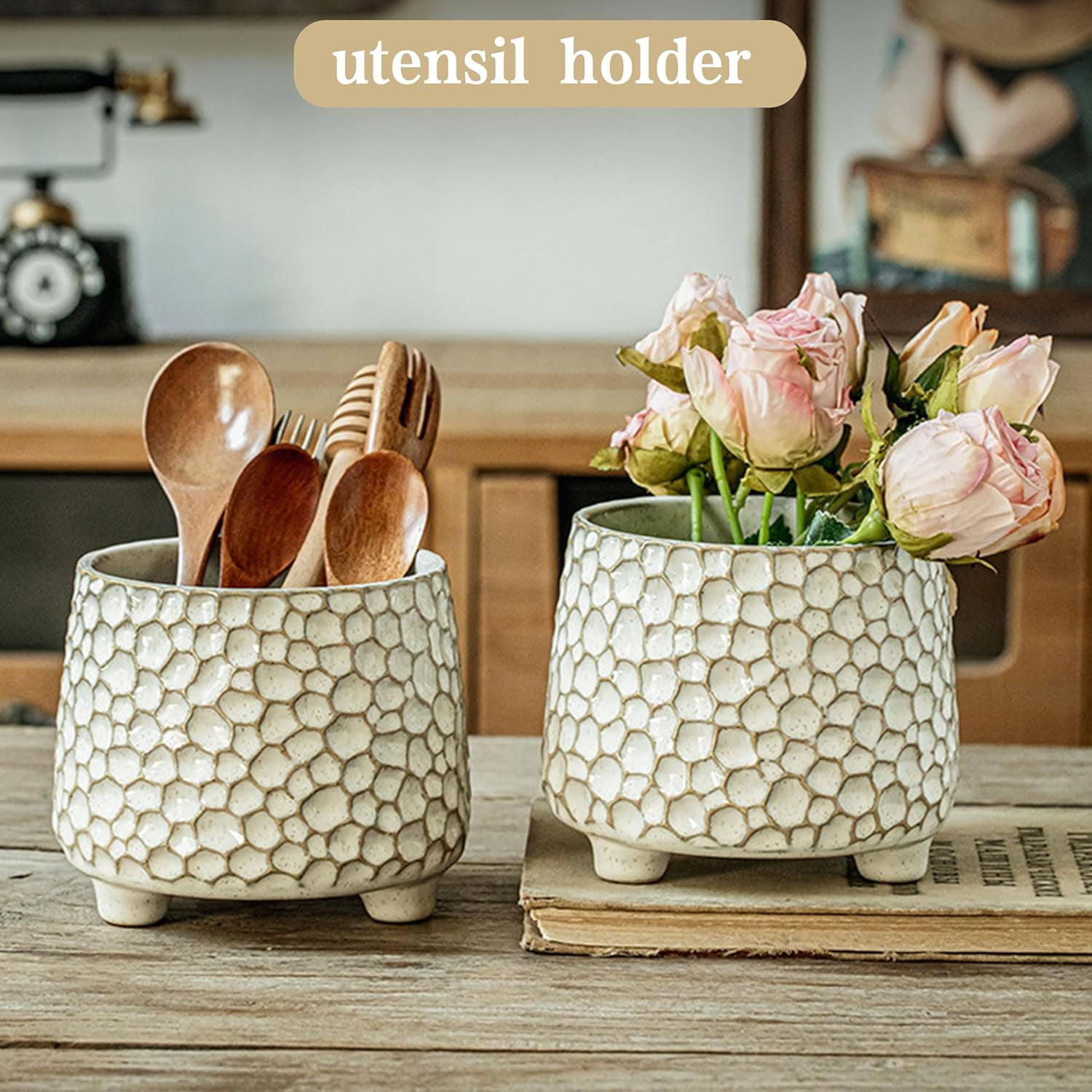 ABCISI Ceramic Utensil Holder for Countertop, 4.5-Inch Embossed Farmhouse Crock with Stable Triangular Base, Cream White Textured Kitchen Counter Organizer
