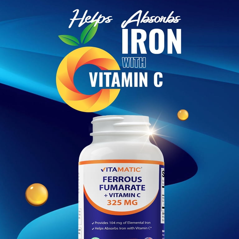 Vitamatic Ferrous Fumarate 325 mg + Vitamin C 100 mg (104 mg Elemental Iron)   High Potency Iron Supplement  Gentle on Stomach, 120 Tablets, Made in  USA - Walmart.com