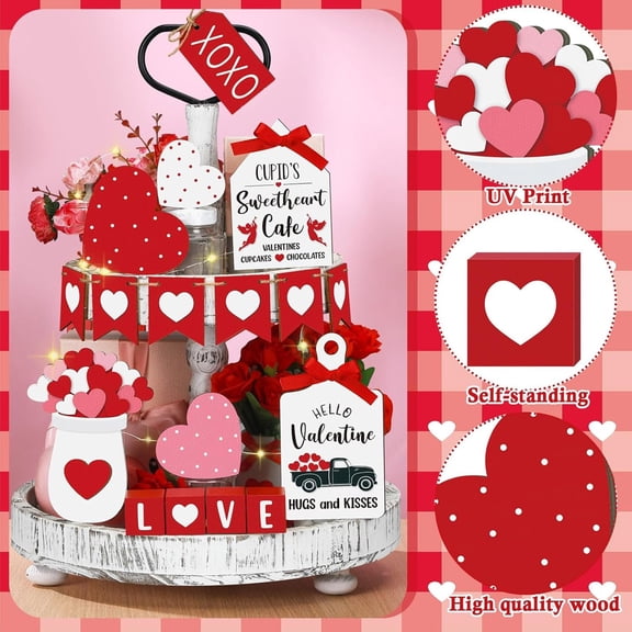20 Pcs Valentines Tiered Tray Decor, Heart Wood Sign, Romantic Valentine's Day Table Decorations for Home Kitchen, Rustic Farmhouse Decor