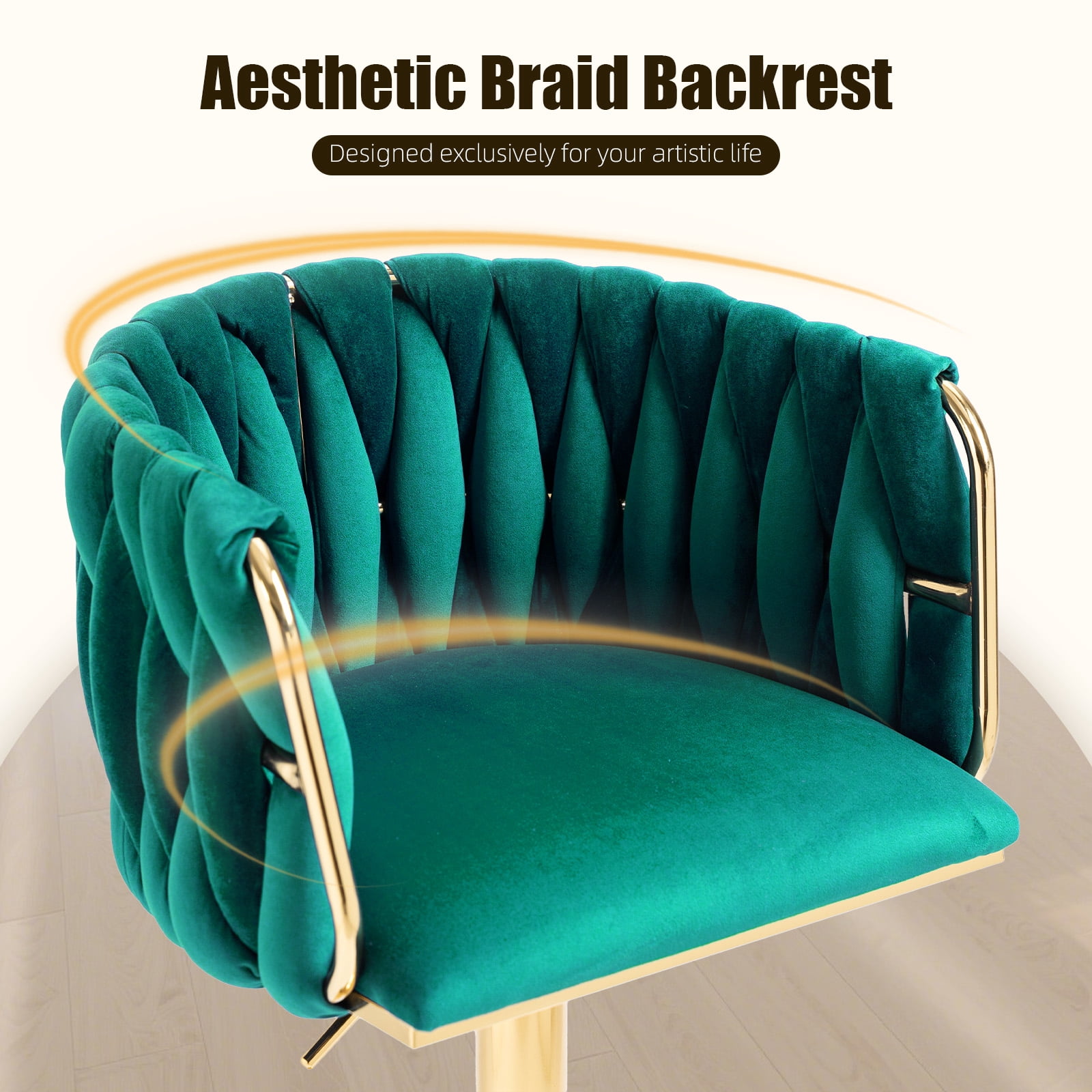 Villeston 360°Swivel Bar Stools Velvet Upholstered Adjustable Bar Chairs Set of 2 with Back & Footrest for Home and Kitchen,Emerald