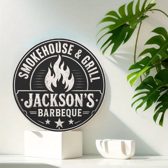 Personalized Barbecue Grill Name Round Metal Tin Sign For Patio Porch And Outdoor Kitchen Wall Decor Round 8x8 Inch Round