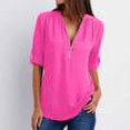 thumbnail image 1 of Chemises à Manches Courtes pour Femmes Hauts d'Été Tendance 2023 Chemises d'Été à Manches Longues Zip Tunique Décontractée Blouse Roulable Col en V, 1 of 6