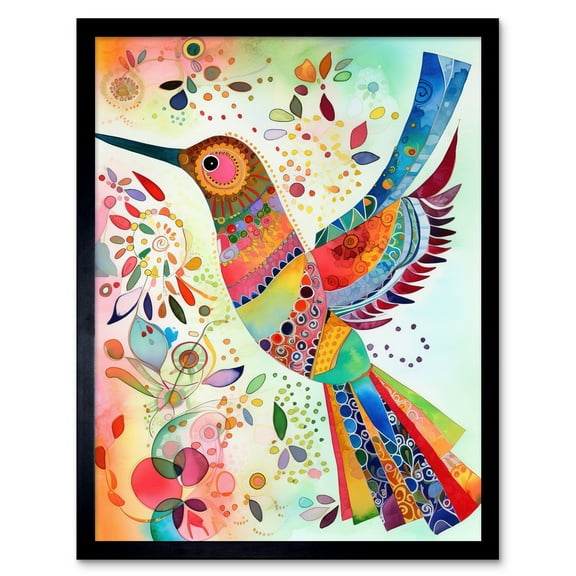 Hummingbird With Multicolour Pattern Feathers Folk Art Watercolour Painting Art Print Framed Poster Wall Decor 12x16 inch