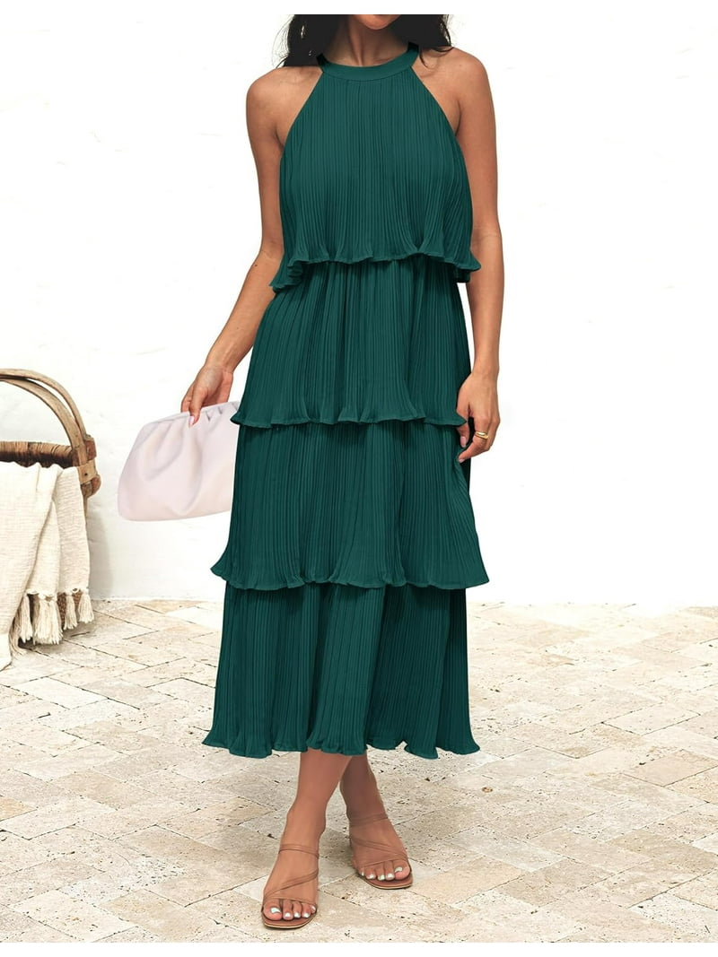 【人気完売商品】Halter Neck Layered Dress Women's 2024 Summer Sleeveless Halter Neck Ruffle Tiered