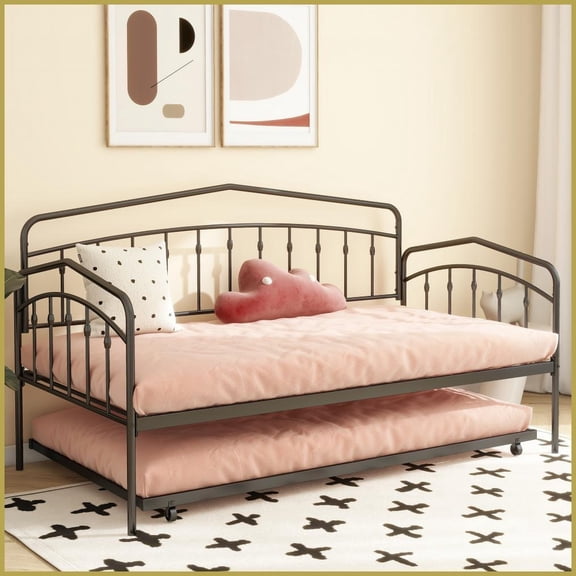 Twin Size Metal Daybed with Trundle, Black - No Box Spring Needed