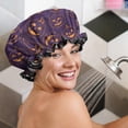 thumbnail image 5 of Shower Caps,Hand Drawn Halloween Pumpkin Pattern Waterproof Shower Cap for Women 4 Pieces,Double Reusable Hair Cover for Shower PEVA Elastic Stretch Hem, 5 of 7