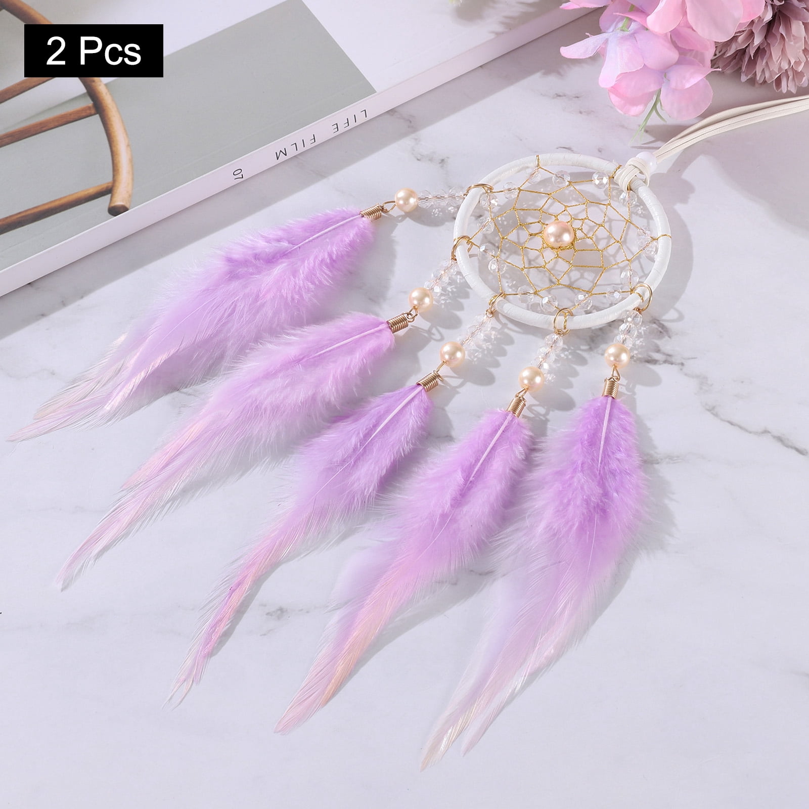 Unique Bargains Dream Catchers Handmade Feather Dreamcatcher with Crystal Beads Purple