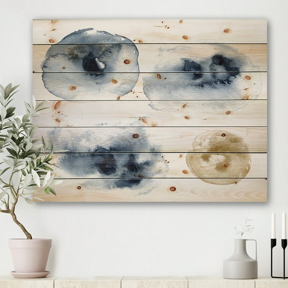 Designart 'Abstract Of Gold and Dark Blue Cloud' Modern Print on Natural Pine Wood