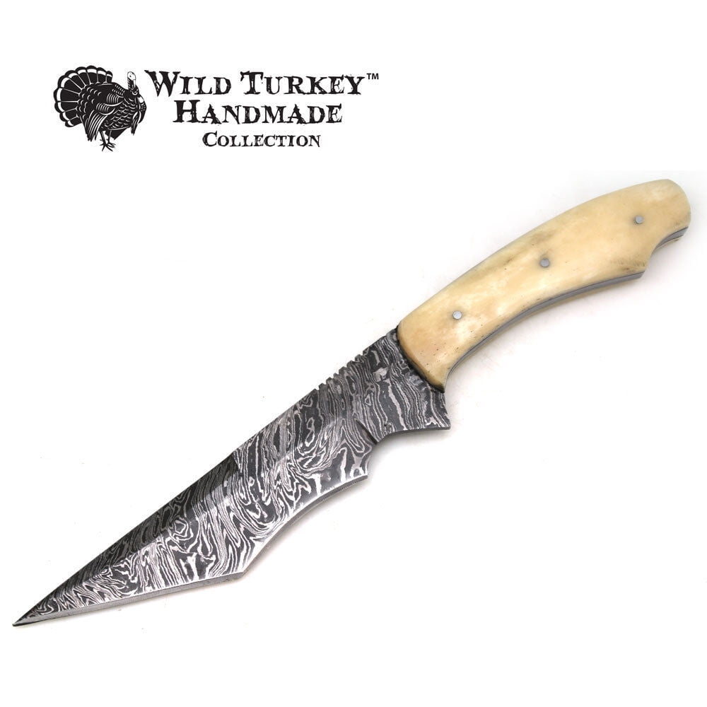 11" Damascus Fixed Blade Bone Handle Hunting Knife with Leather Sheath