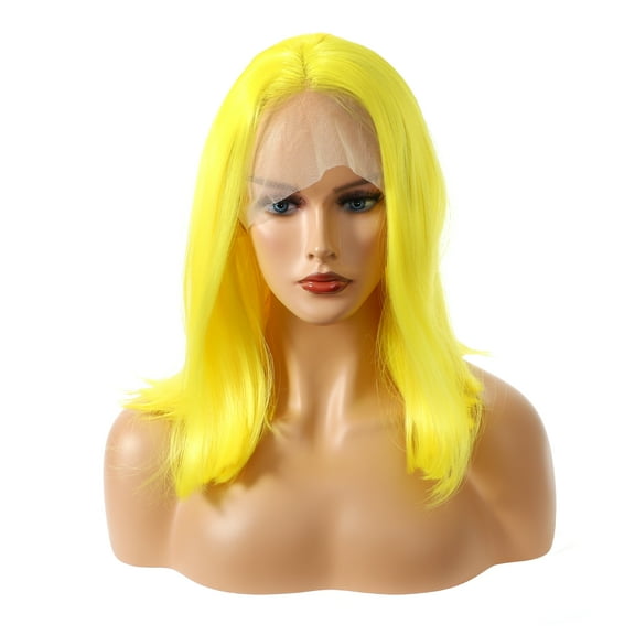 Unique Bargains Lace Front Wigs Medium Long Straight Bob for women Yellow 14"