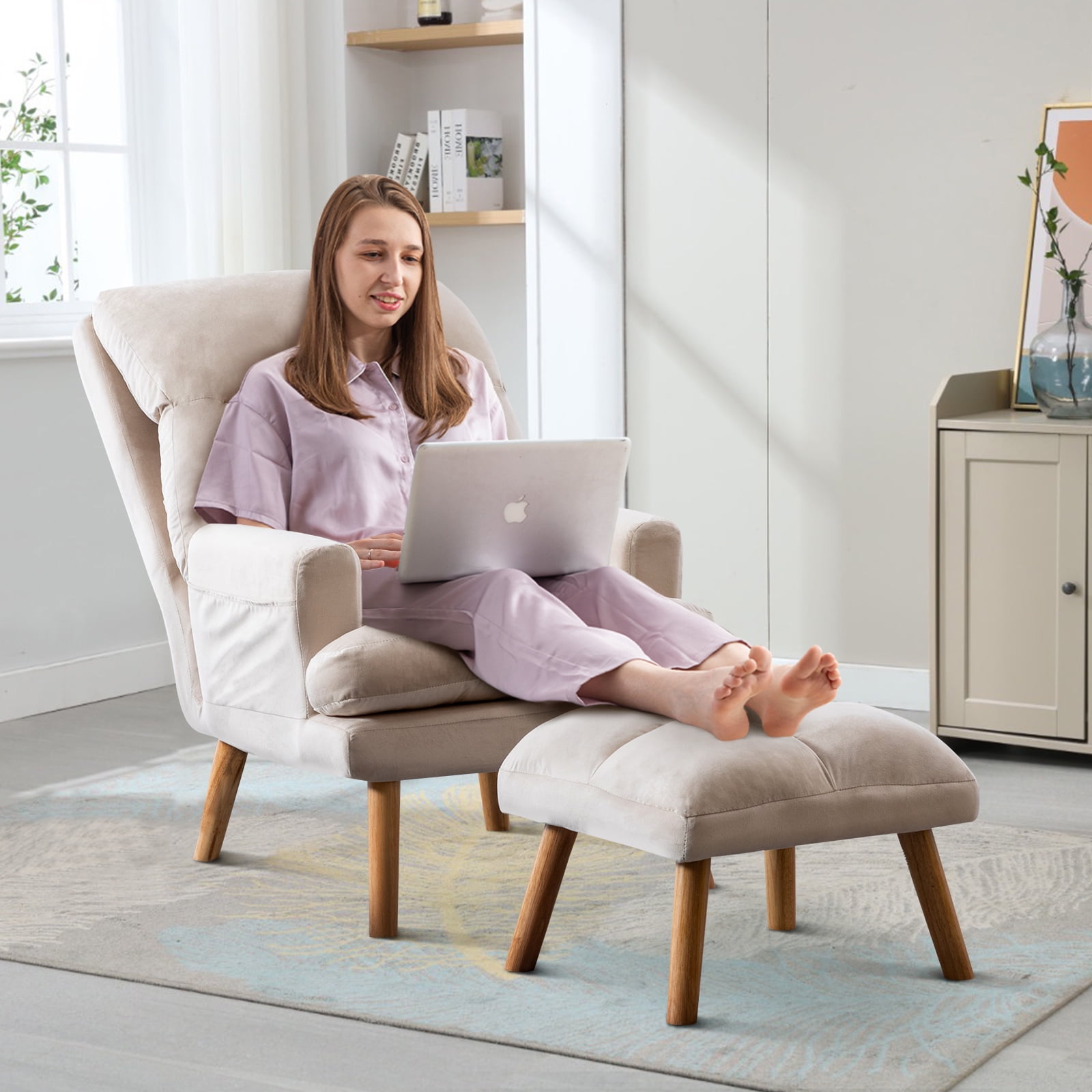 Bonzy Home Accent Chair with Ottoman, Adjustable Backrest Seat,Velvet Fabric Chair for All Age,Beige