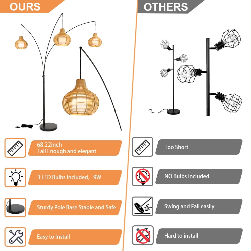 Depuley 90-Inch 3 Light Farmhouse LED Floor Lamp with Adjustable Heads and Rattan Lampshades, E26 Bulb