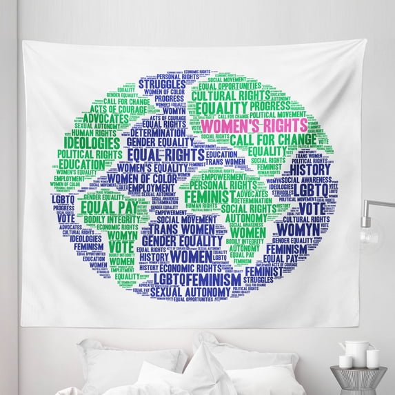 Feminist Tapestry, Gender Equality and Womens Right All over the World Theme Globe Shape, Fabric Wall Hanging Decor for Bedroom Living Room Dorm, 5 Sizes, Indigo Fern Green Pink, by Ambesonne