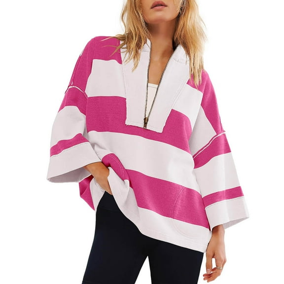 UYISJ Womens Oversized Striped Shirt Half Zip Sweatshirt Color Block V Neck Top Casual Loose Pullover Y2k Bell Sleeve Top Hot Pink S