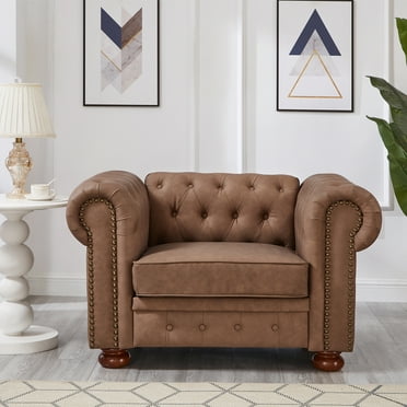 Miekor Furniture Classic Chesterfield Sofa Chair For Living Room Brown Faux Leather 00141