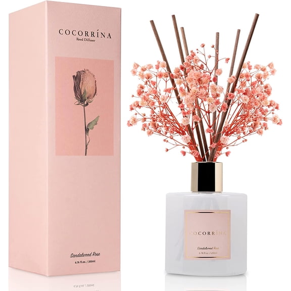 Premium Reed Diffuser Set with Preserved Baby's Breath & Cotton Stick Sandalwood Rose | 6.7oz Scent Fragrance Oil Diffuser for Bedroom Bathroom Home Décor
