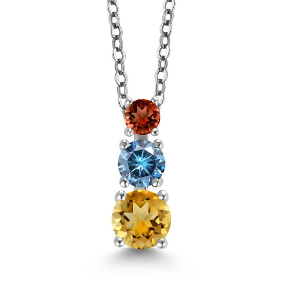 Gem Stone King Yellow Citrine Persian Blue Moissanite Red Garnet 3 Stone Pendant Necklace for Women (1.11 cttw, Gemstone Birthstone, Round 5MM, 4MM and 3MM, with 18 inch Chain)