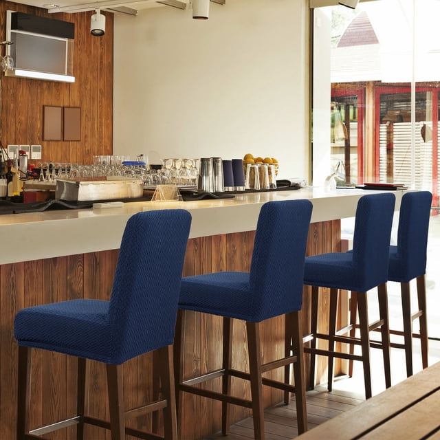 PiccoCasa Stretch Bar Stool Covers for Counter Short Back Chair Slipcovers Dark Blue 4