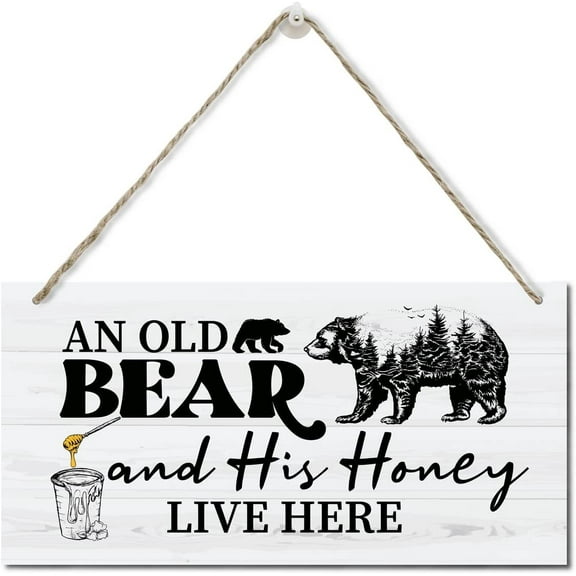 Funny Old Bear and His Honey Live Here Wood Plaque Sign, Hanging Wood Sign Home Decor, Family Signs for Home Decor Gift, Funny Bedroom Decor, Home Decor Wall Art Sign 10x5 Inch