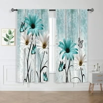 Teal Blue Farmhouse Floral Curtains 42W X 63L 2 Panels Wooden Flower Rustic Vintage Country Daisy Turquoise Retro Butterfly Window Drapes Treatment Living Room Bathroom Bedroom Curtains Home Decor